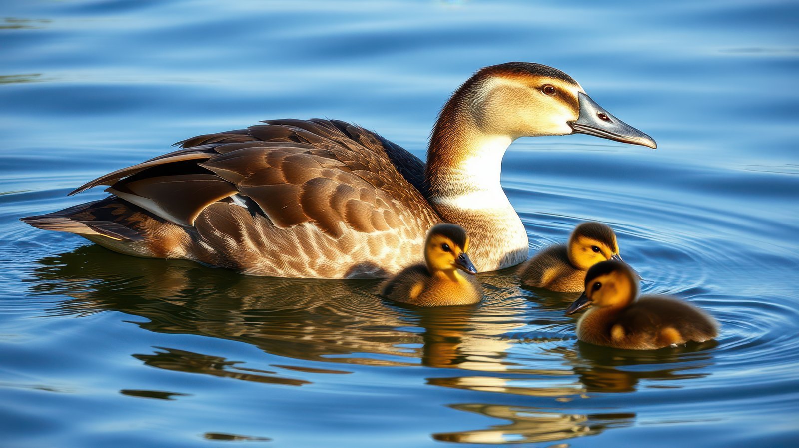 Mother duck swimming peacefully with her ducklings in a serene pond at sunrise